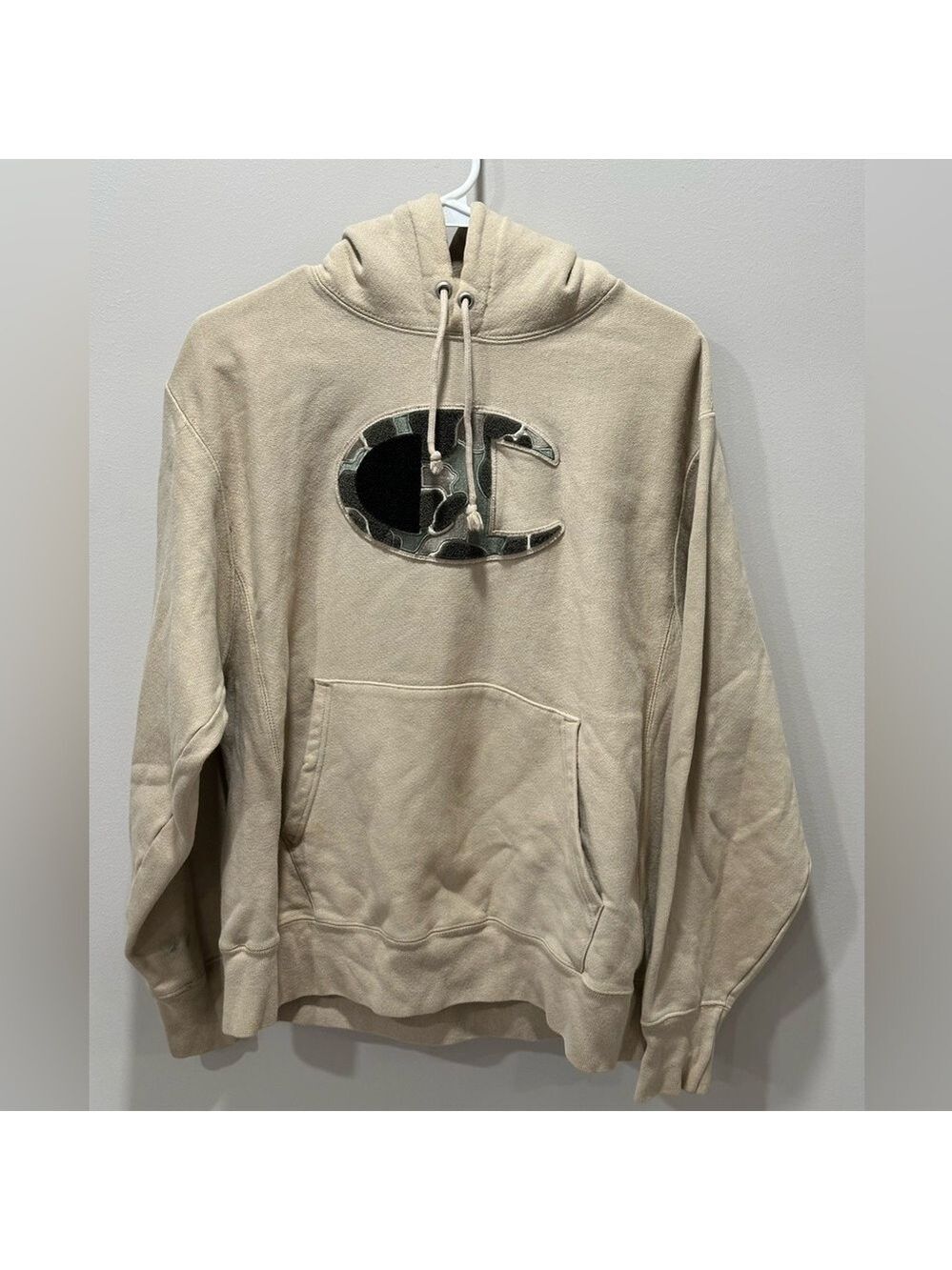 Champion Mens Reverse Weave Hoodie Sand Tan Camo Big Logo Size Medium